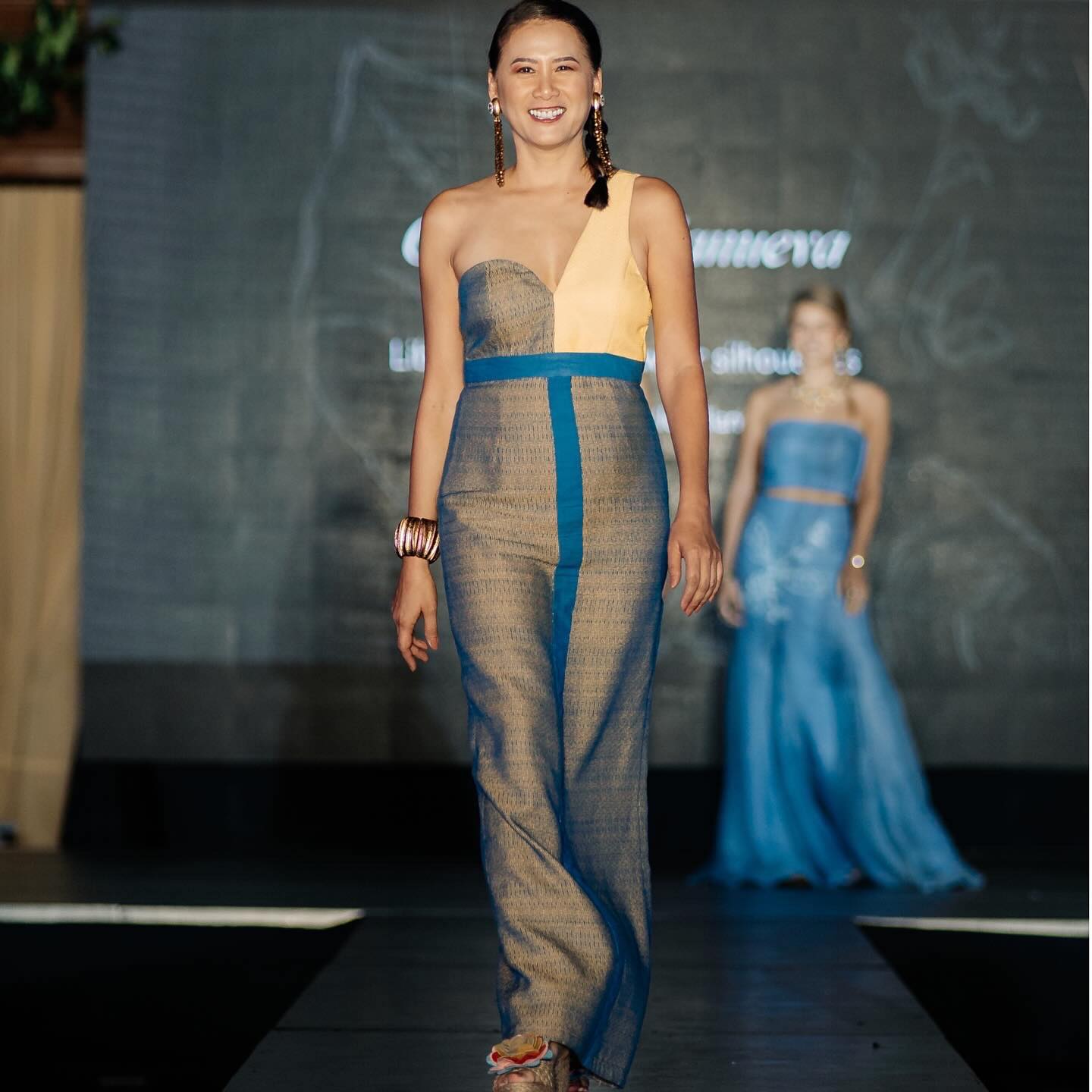 HW24063003 Handwoven Blue Linked Husk Dress