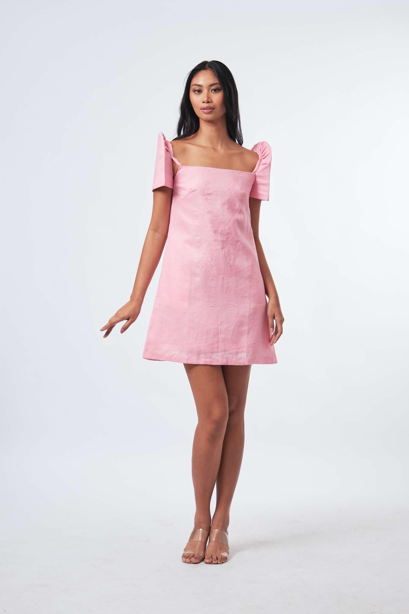 HW24112823 Linen Barong Dress w embroidery and callado in Filipiñana