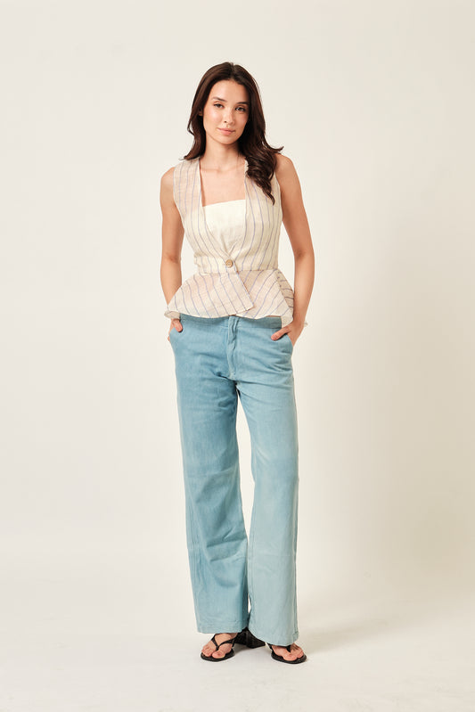 Handwoven Aklan Piña Silk Peplum Vest with Blue Pinstripes