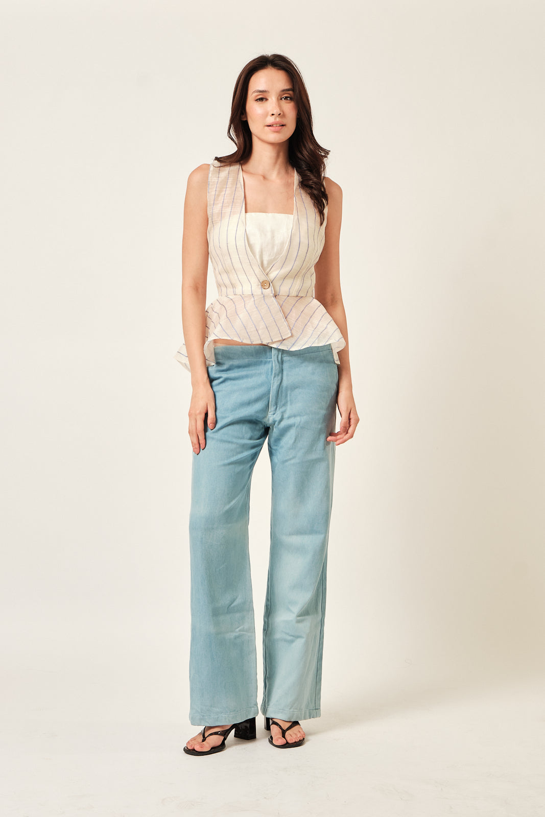 Handwoven Aklan Piña Silk Peplum Vest with Blue Pinstripes