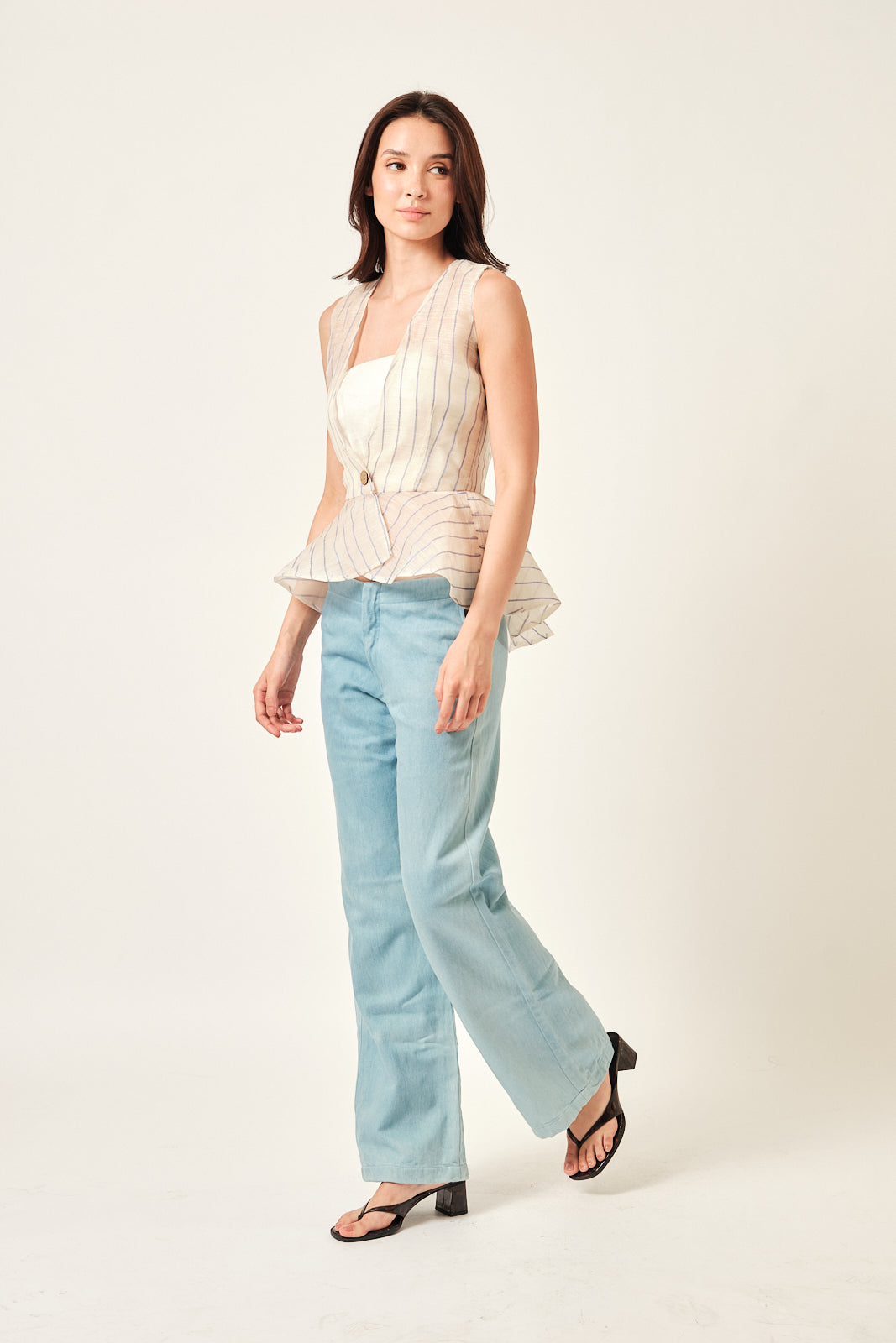 Handwoven Aklan Piña Silk Peplum Vest with Blue Pinstripes