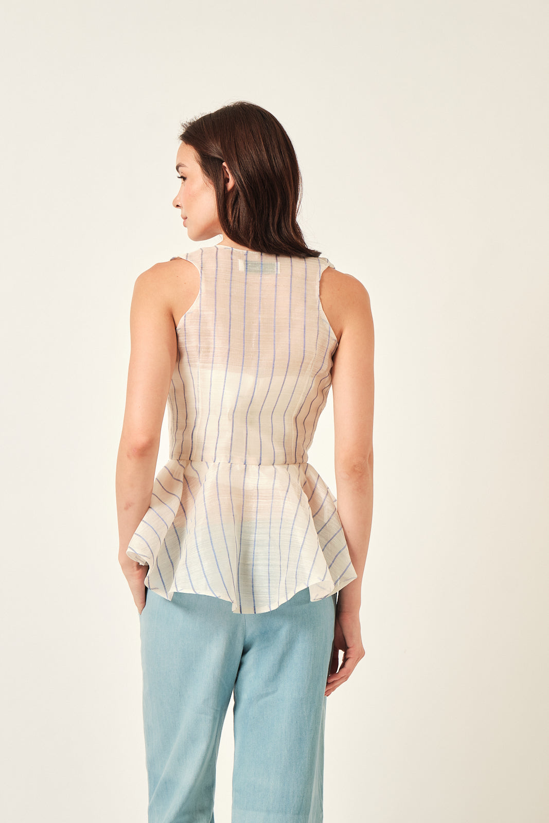 Handwoven Aklan Piña Silk Peplum Vest with Blue Pinstripes
